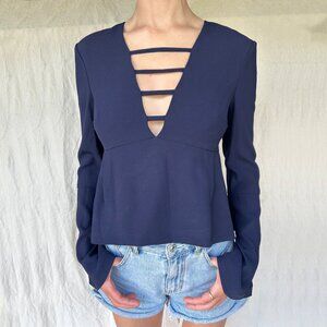 INTERMIX Long Sleeve Crop Top Deep V Neck in Navy Size P Bell Sleeve Going Out